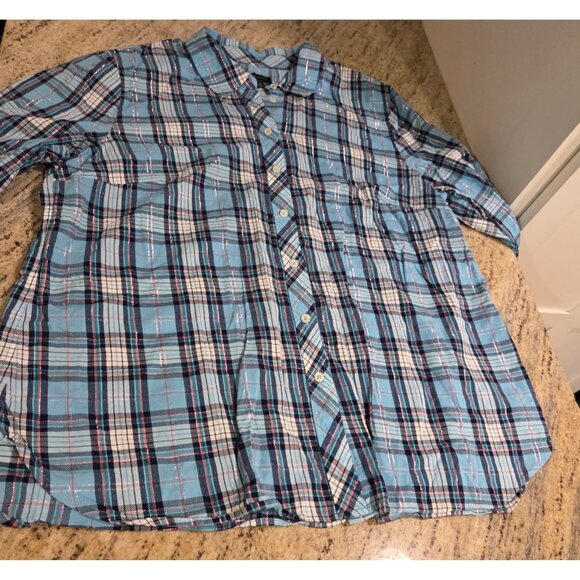 Talbots Womens Size XL Blue Plaid Button Up Shirt Metallic Thread - Picture 5 of 13